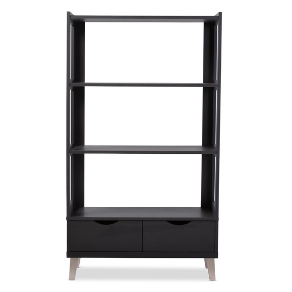 Baxton Studio Kalien Dark Brown Wood Bookcase with Display Shelves and Two Drawers 120-6467